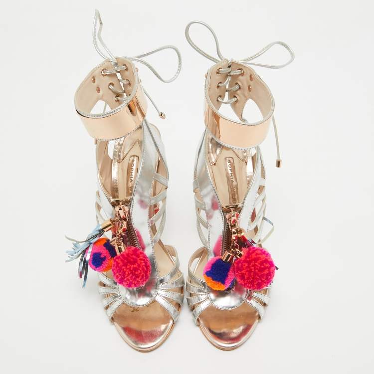 Pre Owned Sophia Webster Silver Mirrored Leather Yasmina Pom Pom Embellished Sandals Size 37