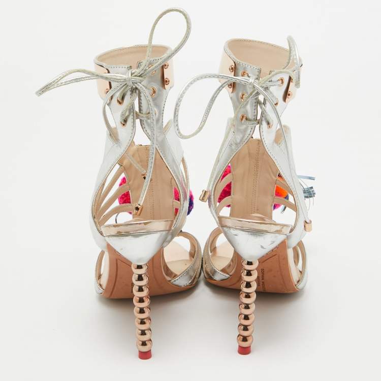 Pre Owned Sophia Webster Silver Mirrored Leather Yasmina Pom Pom Embellished Sandals Size 37