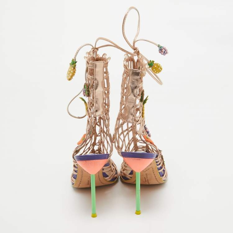 Pre Owned Sophia Webster Rose Gold Leather Fruit Applique Delphine Sandals Size 38