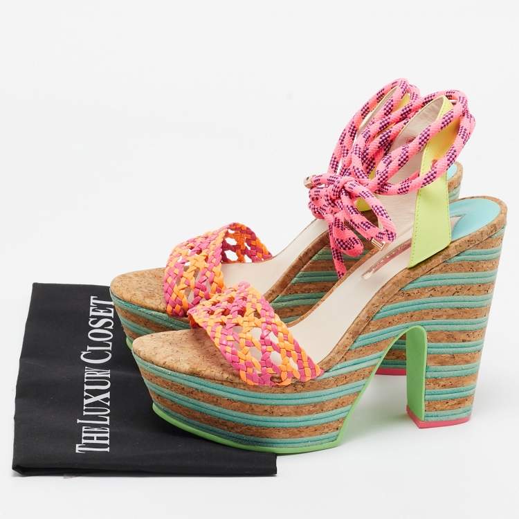 Pre Owned Sophia Webster Multicolor Woven Leather Jade Cork Platform Ankle Wrap Sandals Size 41