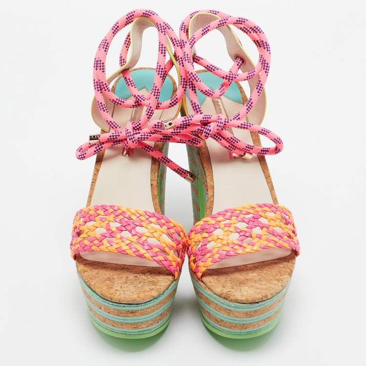 Pre Owned Sophia Webster Multicolor Woven Leather Jade Cork Platform Ankle Wrap Sandals Size 41