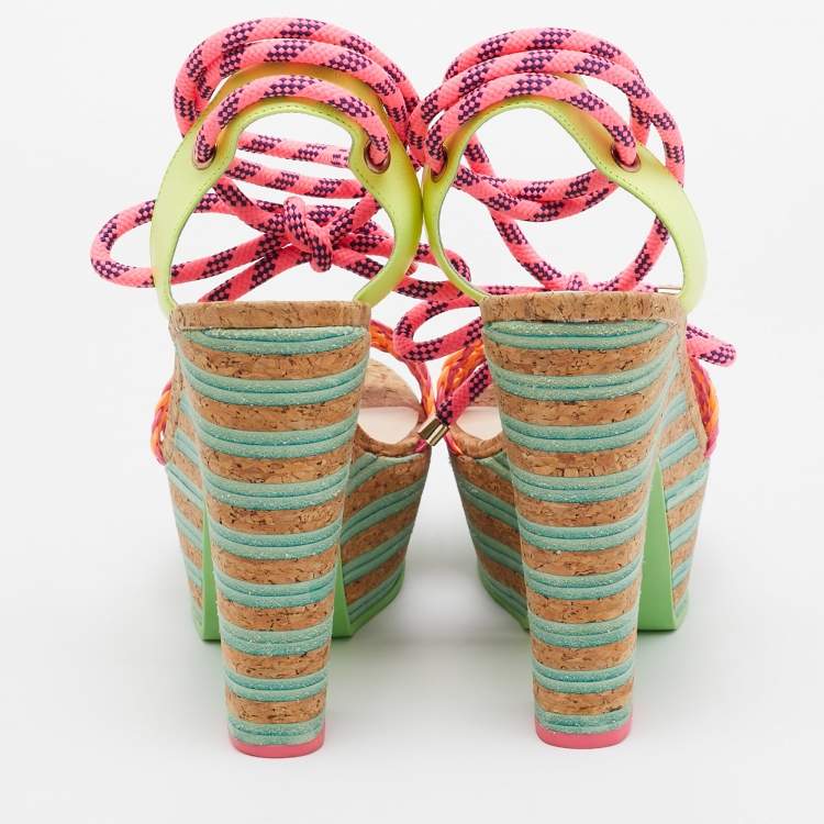 Pre Owned Sophia Webster Multicolor Woven Leather Jade Cork Platform Ankle Wrap Sandals Size 41