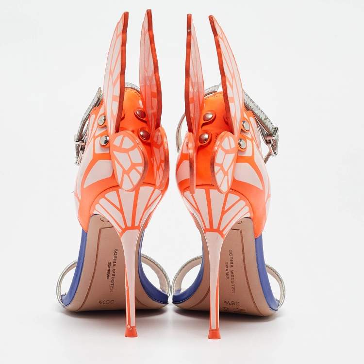 Pre Owned Sophia Webster Silver/Orange Leather Chiara Butterfly Sandals Size 36.5