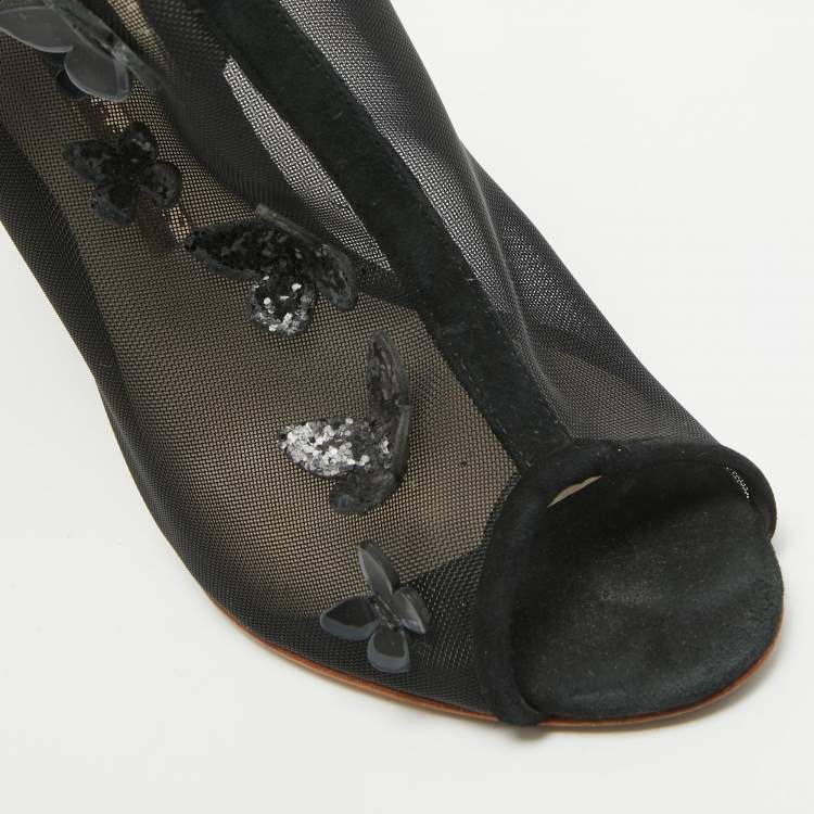 Pre Owned Sophia Webster Black Suede and Mesh 3D Butterfly Harmony Booties Size 37