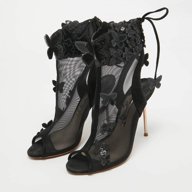 Pre Owned Sophia Webster Black Suede and Mesh 3D Butterfly Harmony Booties Size 37