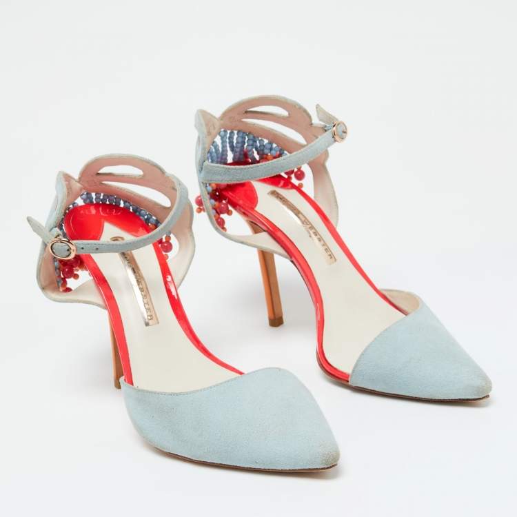 Pre Owned Sophia Webster Light Blue Suede and Leather Chiara Butterfly Ankle Strap Pumps Size 37.5