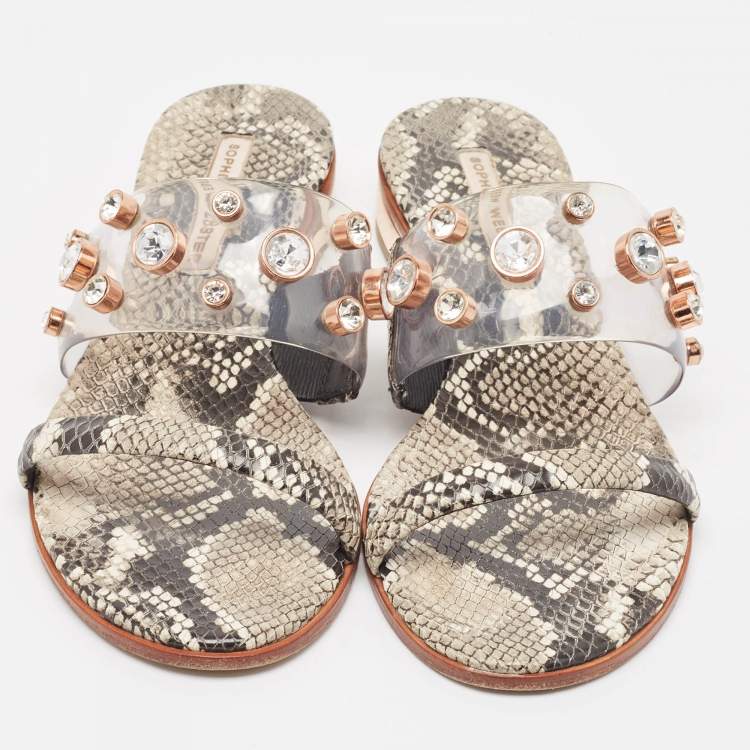 Pre Owned Sophia Webster Beige Snakeskin Embossed And PVC Dina Slide Sandals Size 39