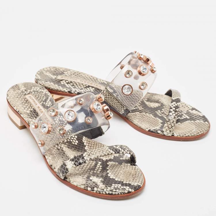 Pre Owned Sophia Webster Beige Snakeskin Embossed And PVC Dina Slide Sandals Size 39