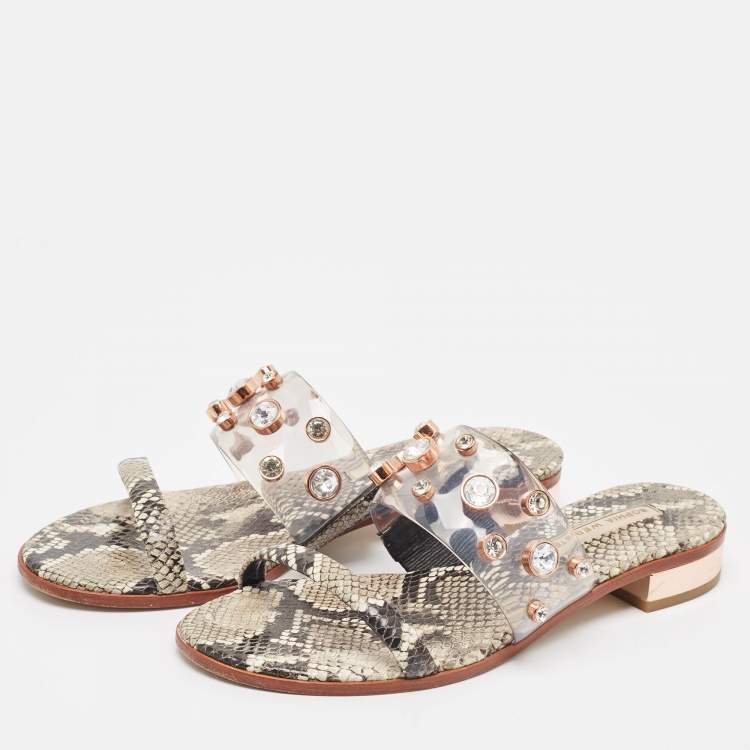 Pre Owned Sophia Webster Beige Snakeskin Embossed And PVC Dina Slide Sandals Size 39