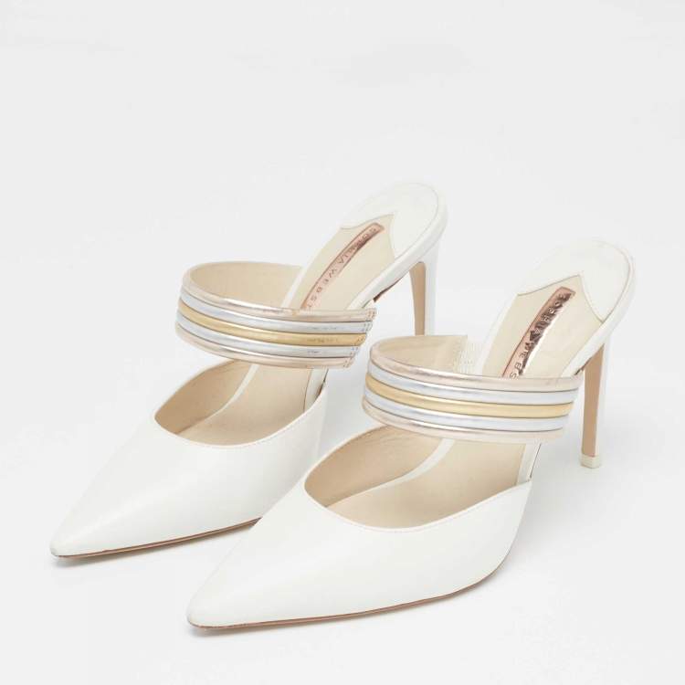 Pre Owned Sophia Webster White/Metallic Leather Joy Mules Size 38.5