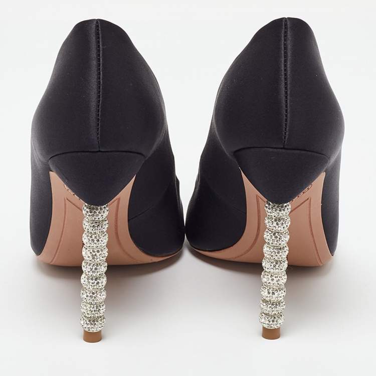 Pre Owned Sophia Webster Black Satin Crystal Embellished Heel Coco Pumps Size 38.5