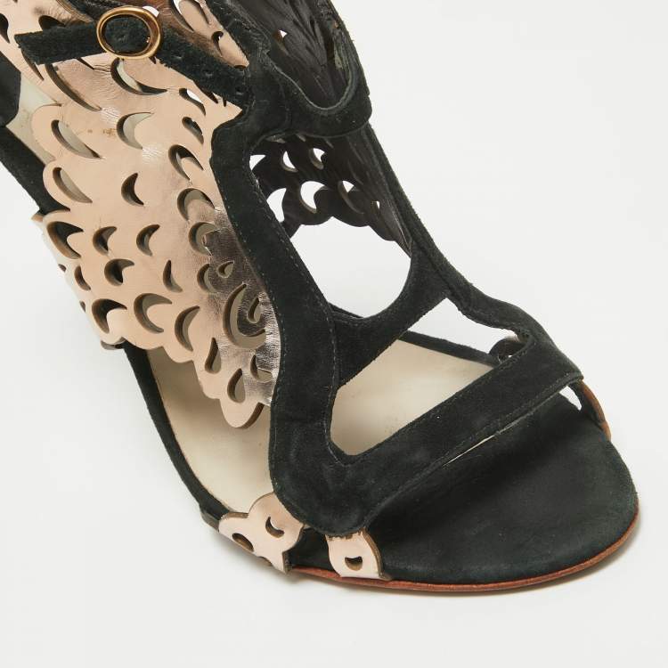 Pre Owned Sophia Webster Dark Green/Rose Gold Suede and Leather Laser Cut Parisa Sandals Size 38