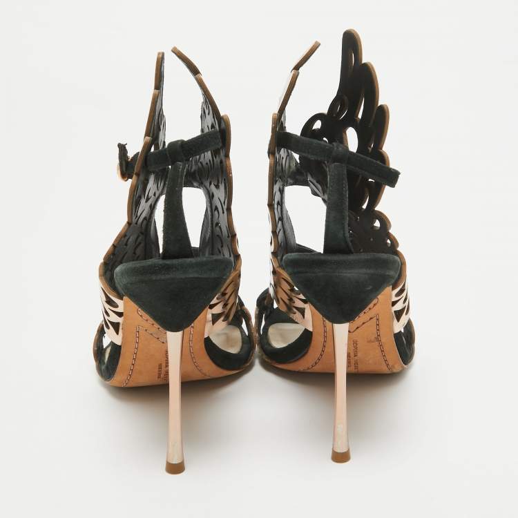 Pre Owned Sophia Webster Dark Green/Rose Gold Suede and Leather Laser Cut Parisa Sandals Size 38