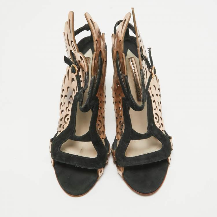 Pre Owned Sophia Webster Dark Green/Rose Gold Suede and Leather Laser Cut Parisa Sandals Size 38