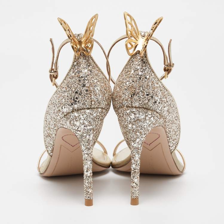 Pre Owned Sophia Webster Gold Glitter Leather Chiara Butterfly Ankle Strap Sandals Size 37