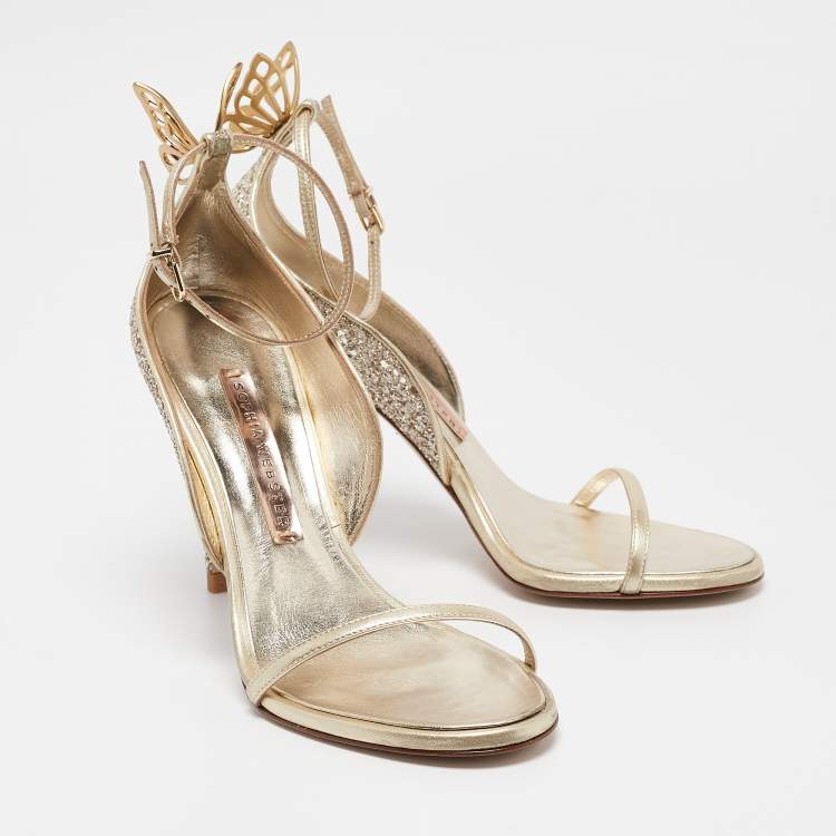 Pre Owned Sophia Webster Gold Glitter Leather Chiara Butterfly Ankle Strap Sandals Size 37