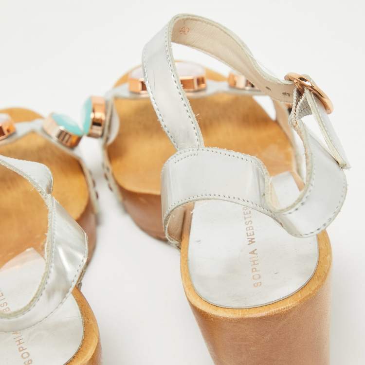 Pre Owned Sophia Webster Silver Leather Studded Jewel Ankle Strap Sandals Size 40