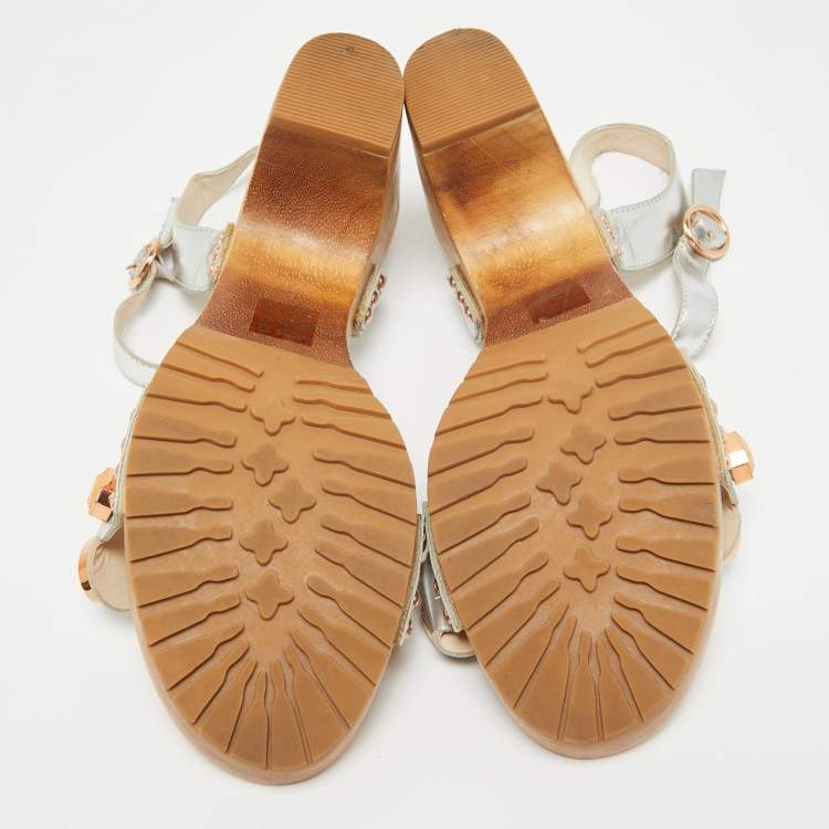Pre Owned Sophia Webster Silver Leather Studded Jewel Ankle Strap Sandals Size 40