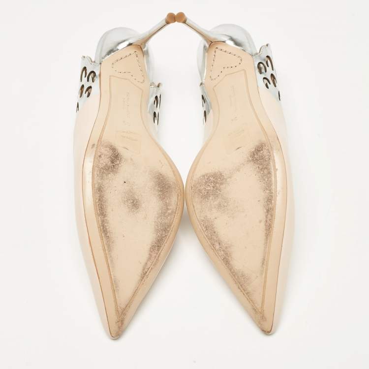 Pre Owned Sophia Webster Beige/Silver Leather Angelo Slingback Pumps 39