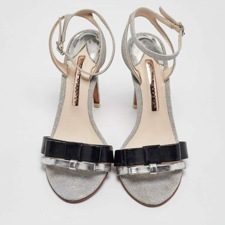 Pre Owned Sophia Webster Metallic/Black Glitter and Leather Ankle Strap Sandals Size 37.5