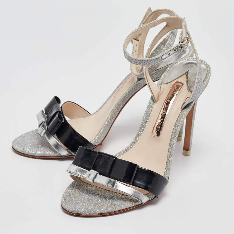 Pre Owned Sophia Webster Metallic/Black Glitter and Leather Ankle Strap Sandals Size 37.5