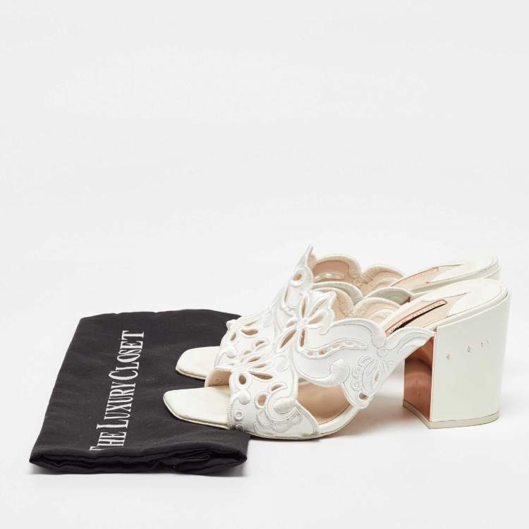 Pre Owned Sophia Webster White Leather Embroidery Laser Cut Block Heel Mules Size 41