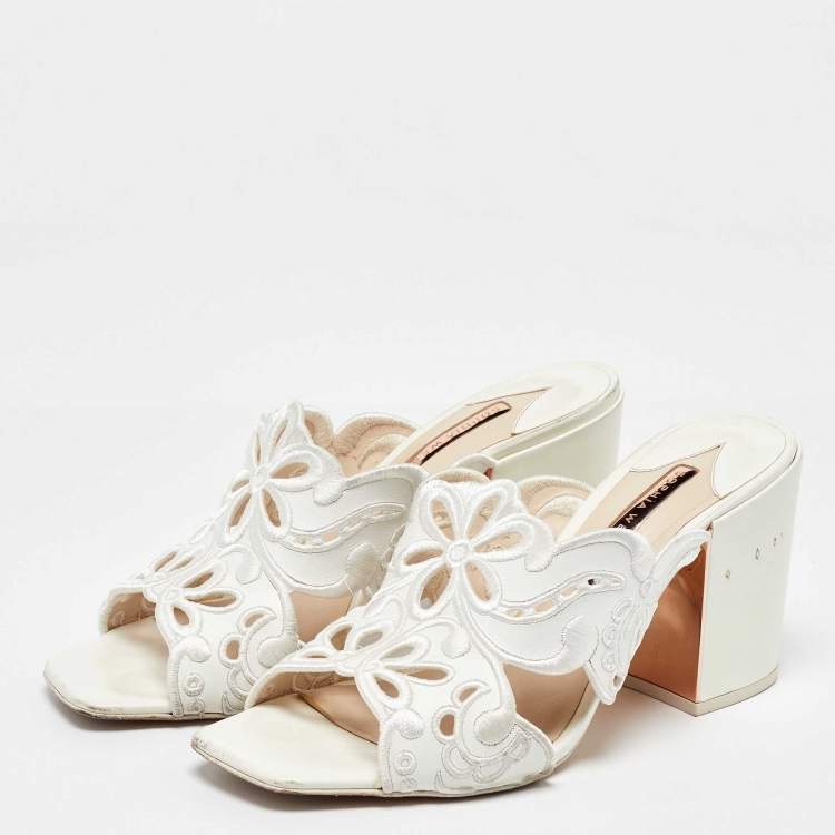 Pre Owned Sophia Webster White Leather Embroidery Laser Cut Block Heel Mules Size 41