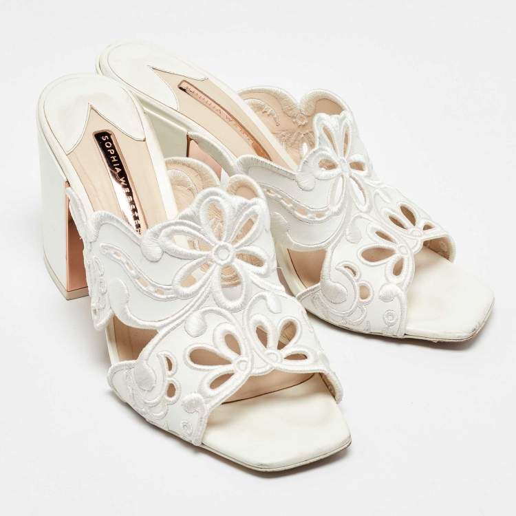 Pre Owned Sophia Webster White Leather Embroidery Laser Cut Block Heel Mules Size 41