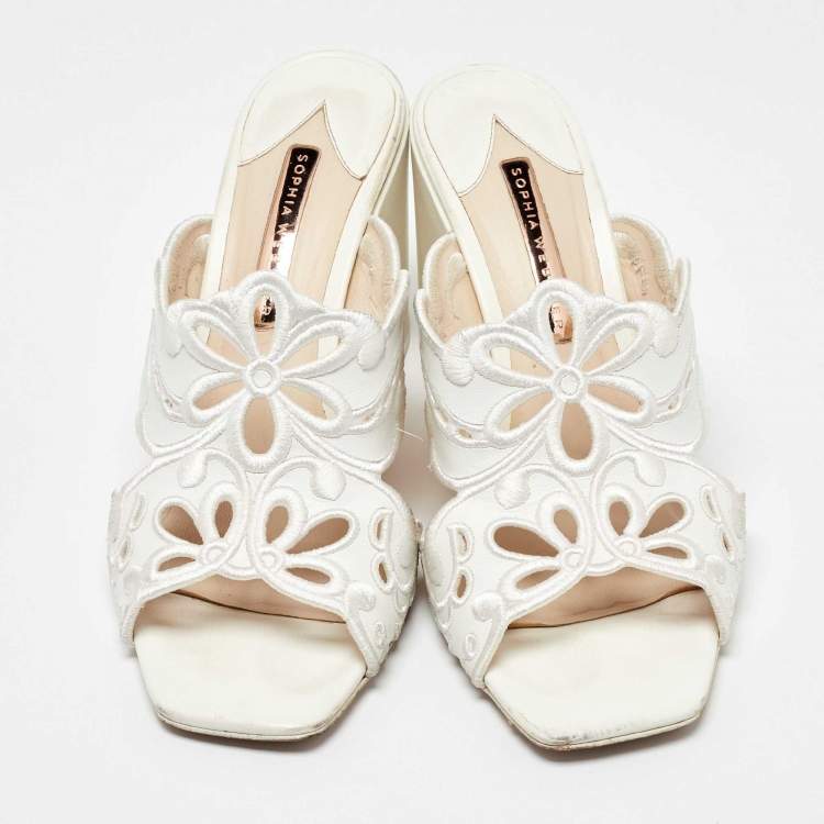 Pre Owned Sophia Webster White Leather Embroidery Laser Cut Block Heel Mules Size 41