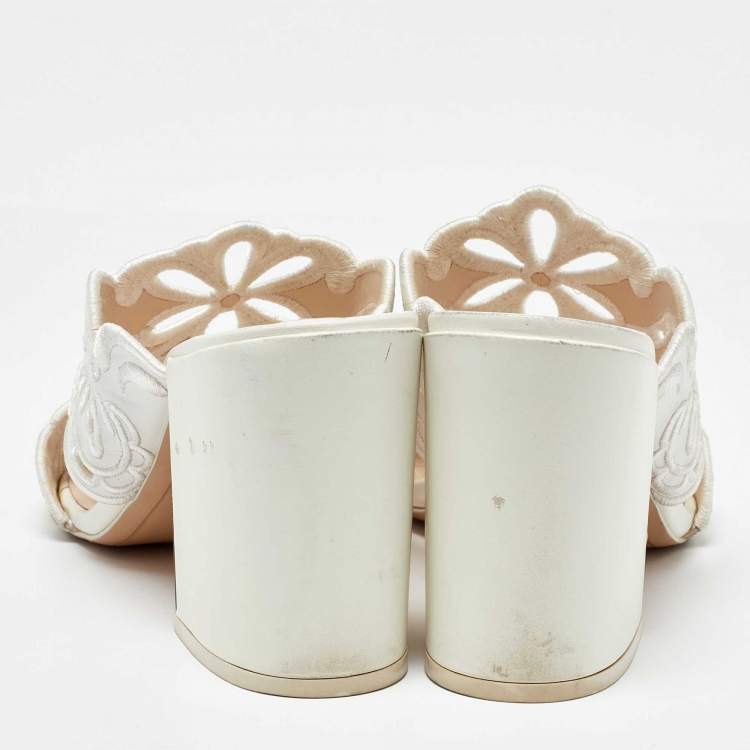 Pre Owned Sophia Webster White Leather Embroidery Laser Cut Block Heel Mules Size 41