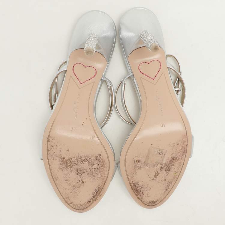 Pre Owned Sophia Webster Silver Leather Rosalind Crystal Heel Ankle Strap Open Toe Sandals Size 40