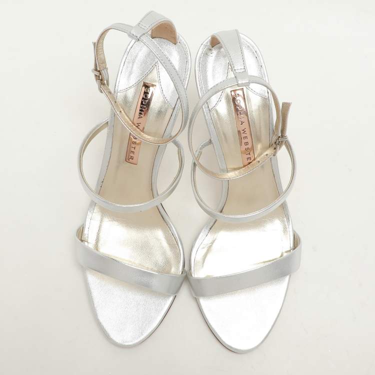 Pre Owned Sophia Webster Silver Leather Rosalind Crystal Heel Ankle Strap Open Toe Sandals Size 40