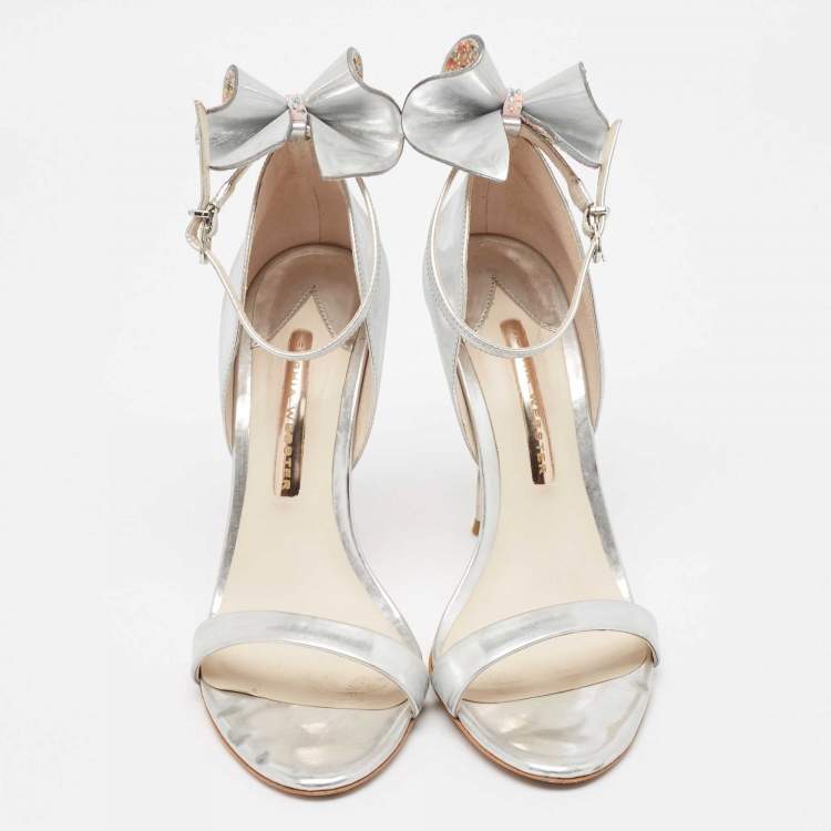 Pre Owned Sophia Webster Silver Leather Chiara Bow Ankle Strap Sandals Size 39