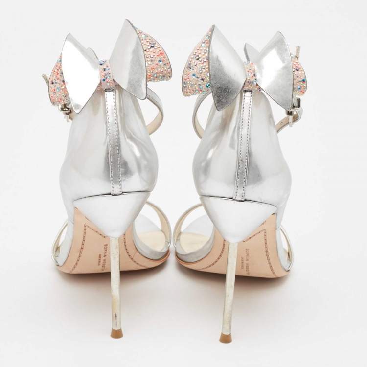 Pre Owned Sophia Webster Silver Leather Chiara Bow Ankle Strap Sandals Size 39