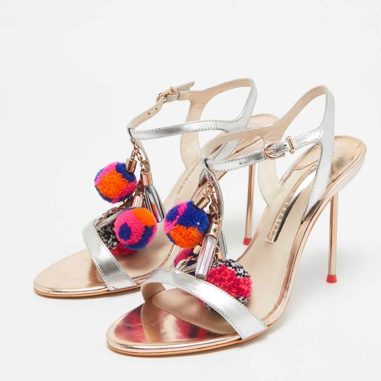 Pre Owned Sophia Webster Silver Laminated Leather Layla Ankle Strap Sandals Size 38.5