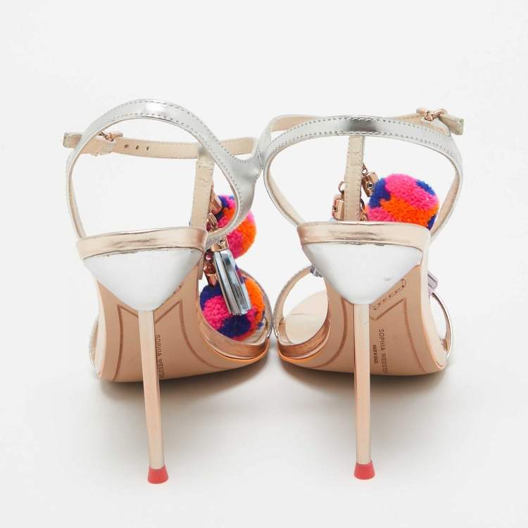 Pre Owned Sophia Webster Silver Laminated Leather Layla Ankle Strap Sandals Size 38.5