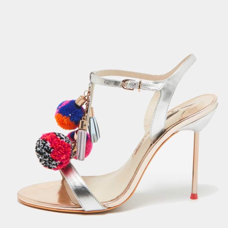 Pre Owned Sophia Webster Silver Laminated Leather Layla Ankle Strap Sandals Size 38.5