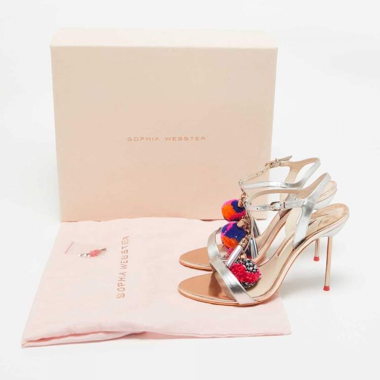 Pre Owned Sophia Webster Silver Laminated Leather Layla Ankle Strap Sandals Size 38.5