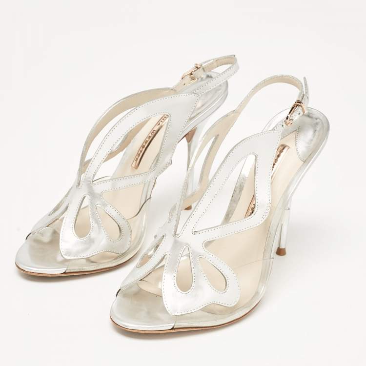 Pre Owned Sophia Webster Silver Leather Floral Applique Slingback Sandals Size 39