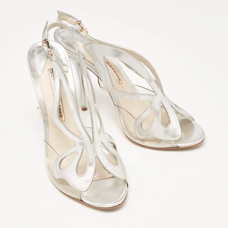 Pre Owned Sophia Webster Silver Leather Floral Applique Slingback Sandals Size 39