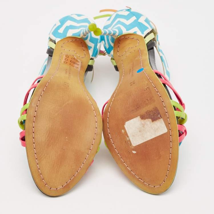Pre Owned Sophia Webster Multicolor Zig Zag Print Leather Ankle Strap Sandals Size 36