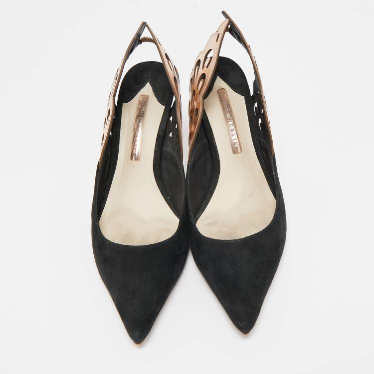 Pre Owned Sophia Webster Black/Metallic Bronze Suede And Leather Angelo Slingback Pumps Size 39.5  