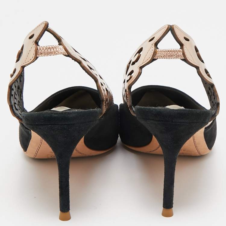 Pre Owned Sophia Webster Black/Metallic Bronze Suede And Leather Angelo Slingback Pumps Size 39.5  