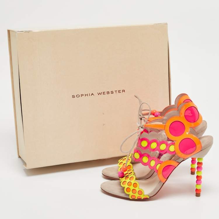 Pre Owned Sophia Webster Multicolor Round Cut Out Patent Leather Beaded Heel Sandals Size 37.5