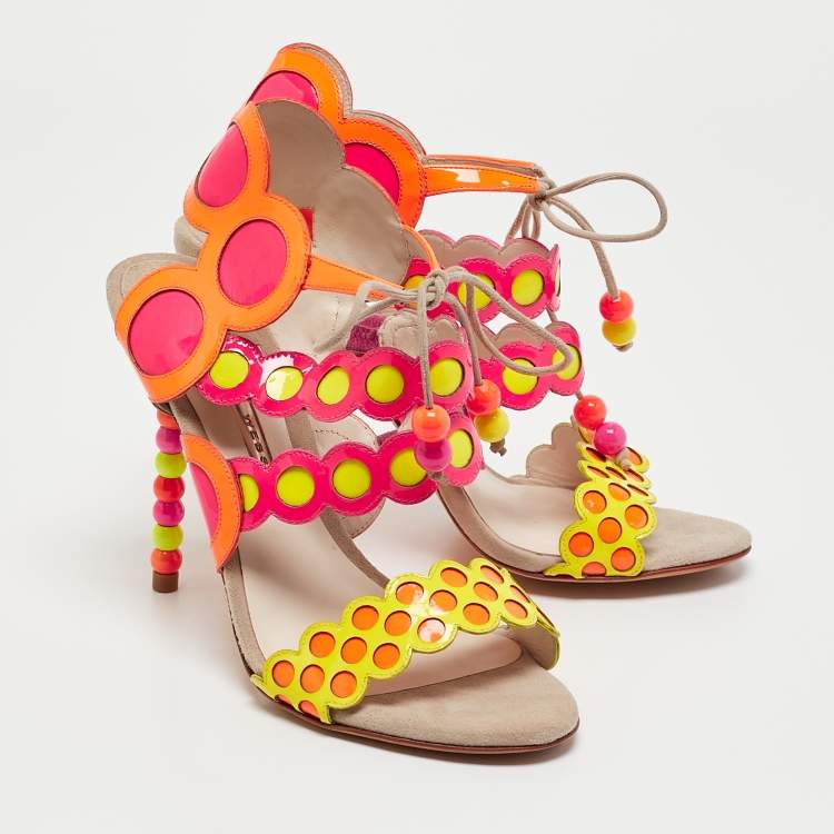 Pre Owned Sophia Webster Multicolor Round Cut Out Patent Leather Beaded Heel Sandals Size 37.5