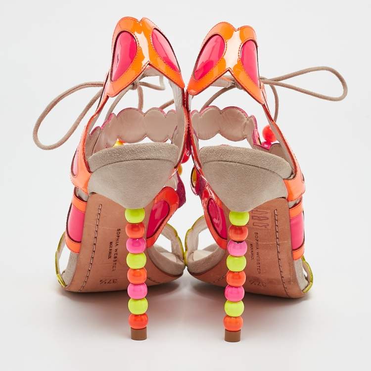 Pre Owned Sophia Webster Multicolor Round Cut Out Patent Leather Beaded Heel Sandals Size 37.5