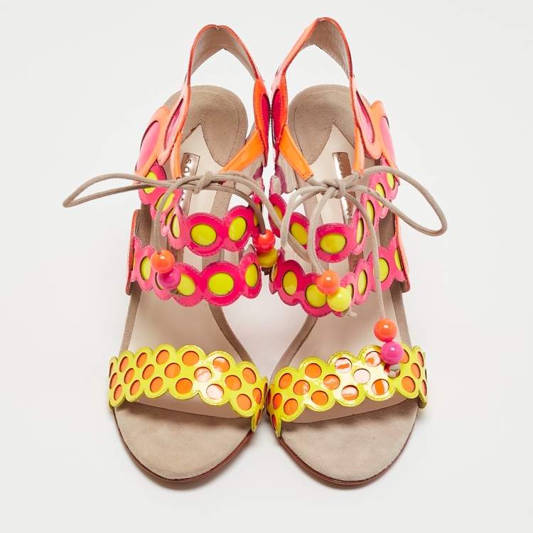 Pre Owned Sophia Webster Multicolor Round Cut Out Patent Leather Beaded Heel Sandals Size 37.5
