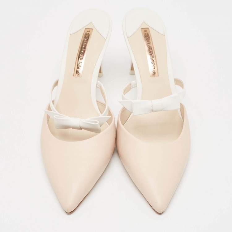Pre Owned Sophia Webster Beige/White Leather Bow Mules Size 38