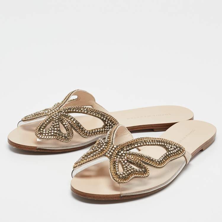 Pre Owned Sophia Webster Transparent  PVC Madame Crystal Embellished Slide Flats Size 38