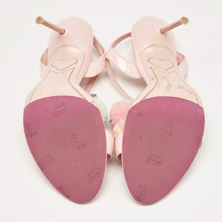 Pre Owned Sophia Webster Pink Patent Leather Layla Pom Pom Embellished T Strap Sandals Size 38